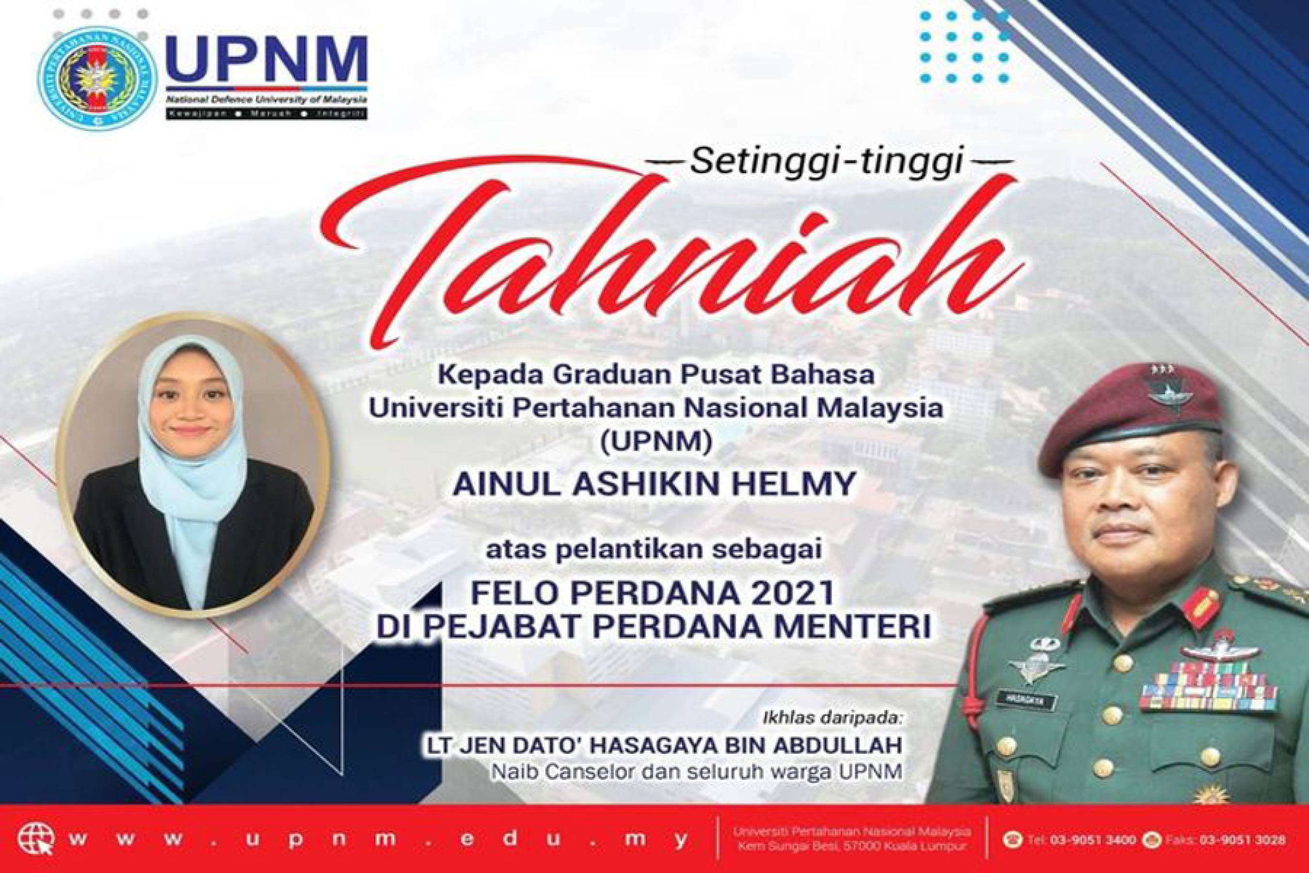 Setinggi-tinggi Tahniah Kepada Graduan Pusat Bahasa UPNM, Ainul Ashikin Helmy