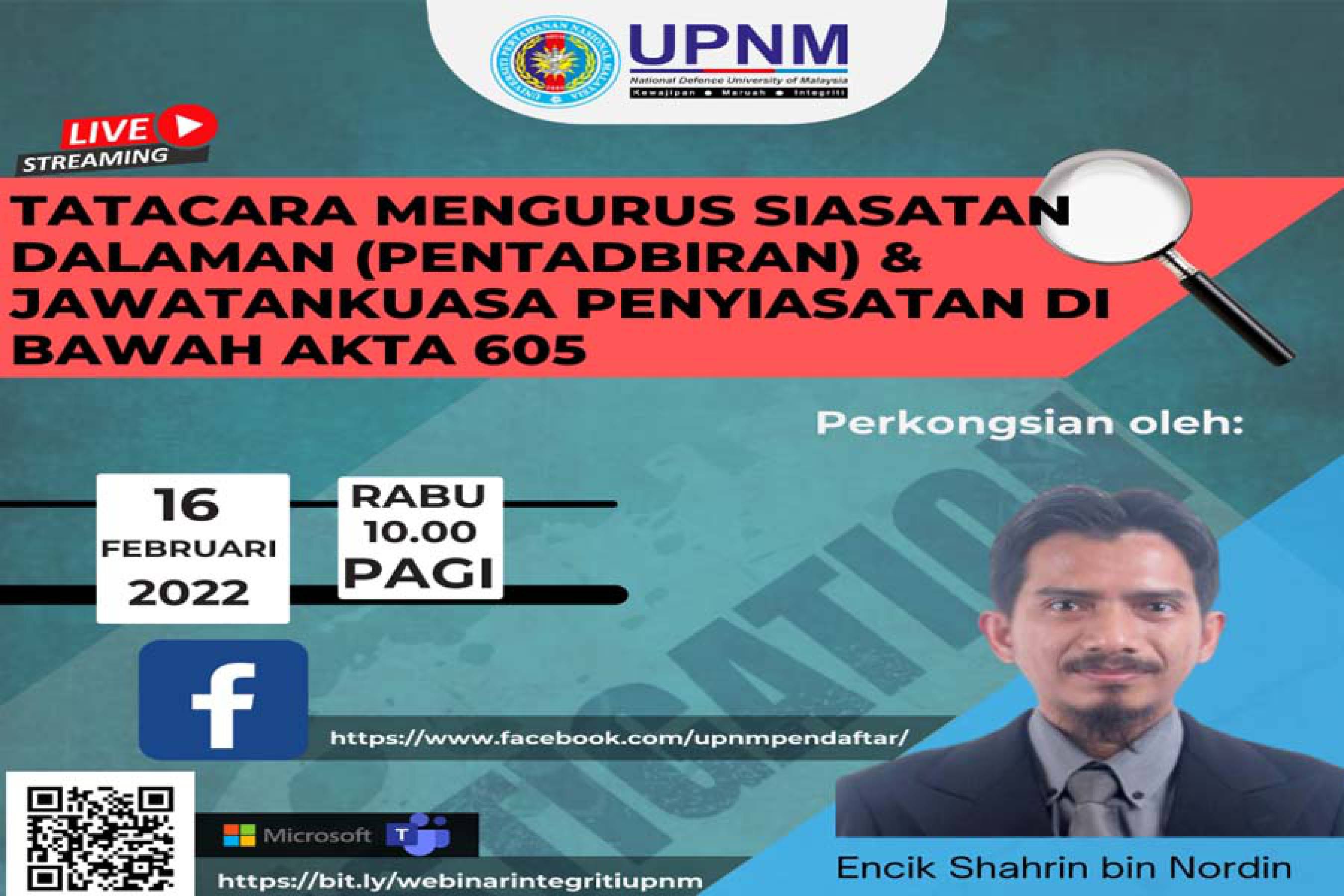 Webinar: Tatacara Mengurus Siasatan Dalaman (Pentadbiran) & Jawatankuasa Penyiasatan di Bawah Akta 605