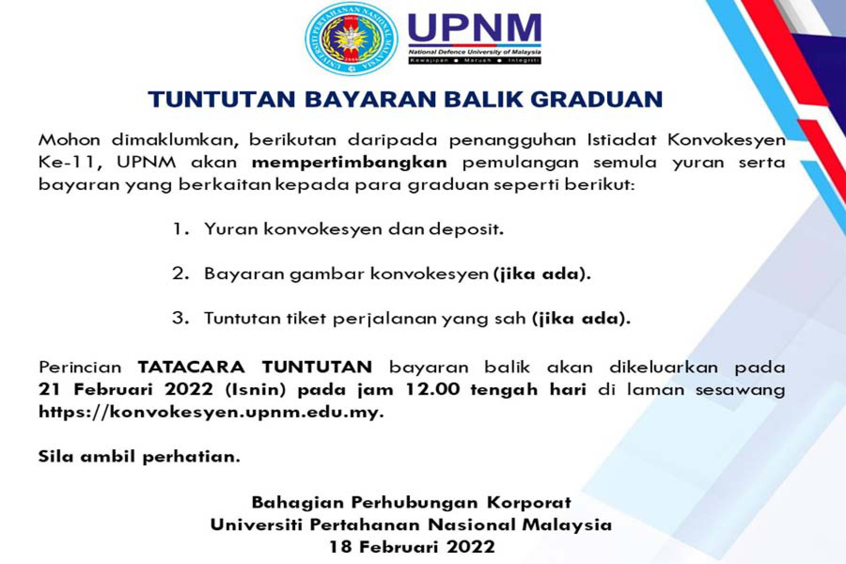 UPNM Akan Mempertimbangkan Tuntutan Bayaran Balik Graduan